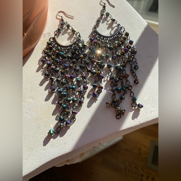 Paparazzi Gunmetal Metro Confetti Oil Spill Multi Color Tear Drop Earrings - Picture 5 of 10